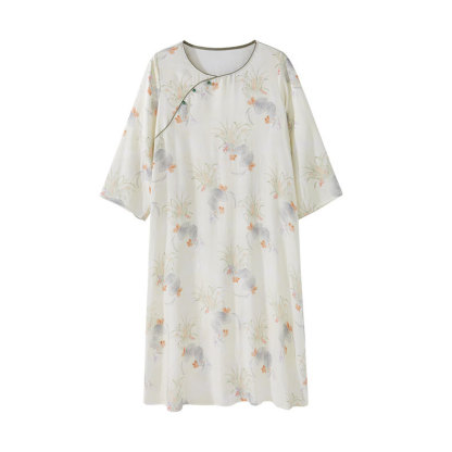 女竹棉國風斜襟桃竹印花長袖睡裙