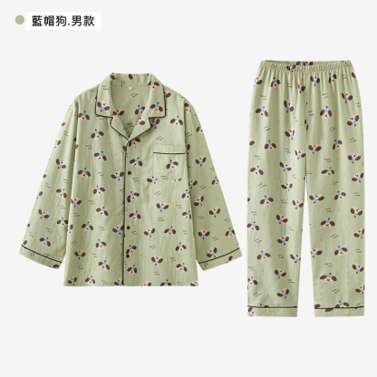 男款藍帽狗翻領長袖情侶睡衣