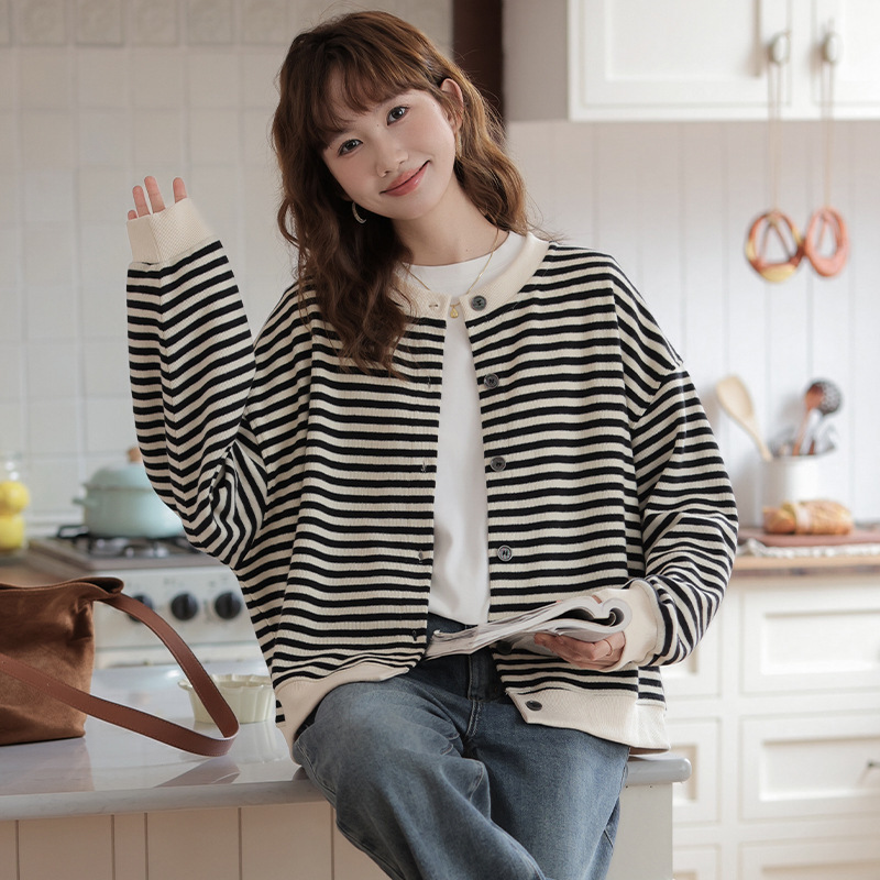 女士春秋條紋短款圓領開衫衛衣