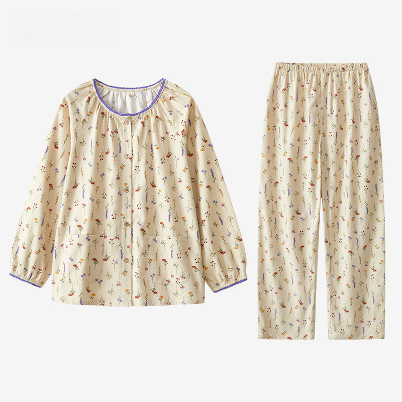 女士秋冬全棉磨毛絨布碎花圓領長袖長褲居家服