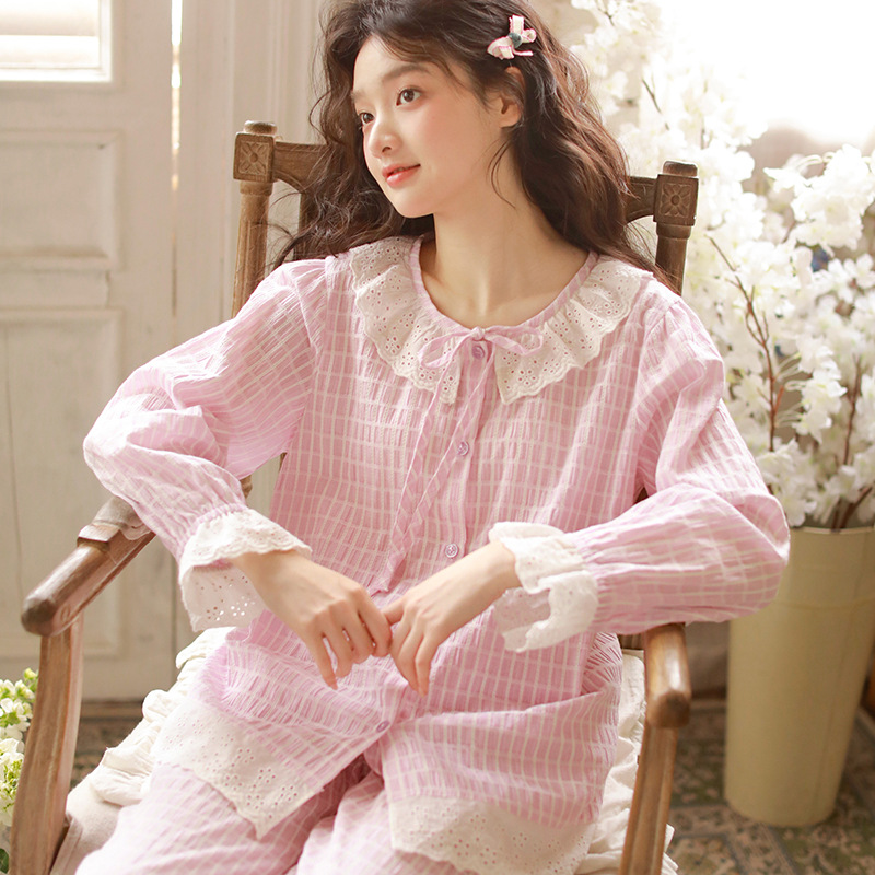 女款棉紗粉藍花邊長袖長褲睡衣套裝