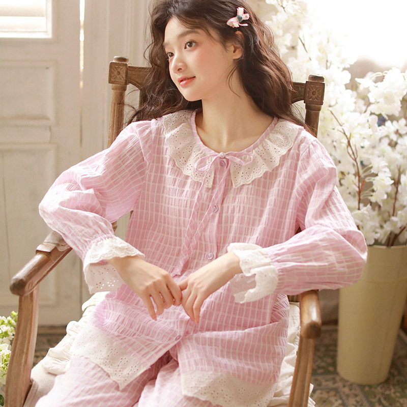 女款棉紗粉藍花邊長袖長褲睡衣套裝