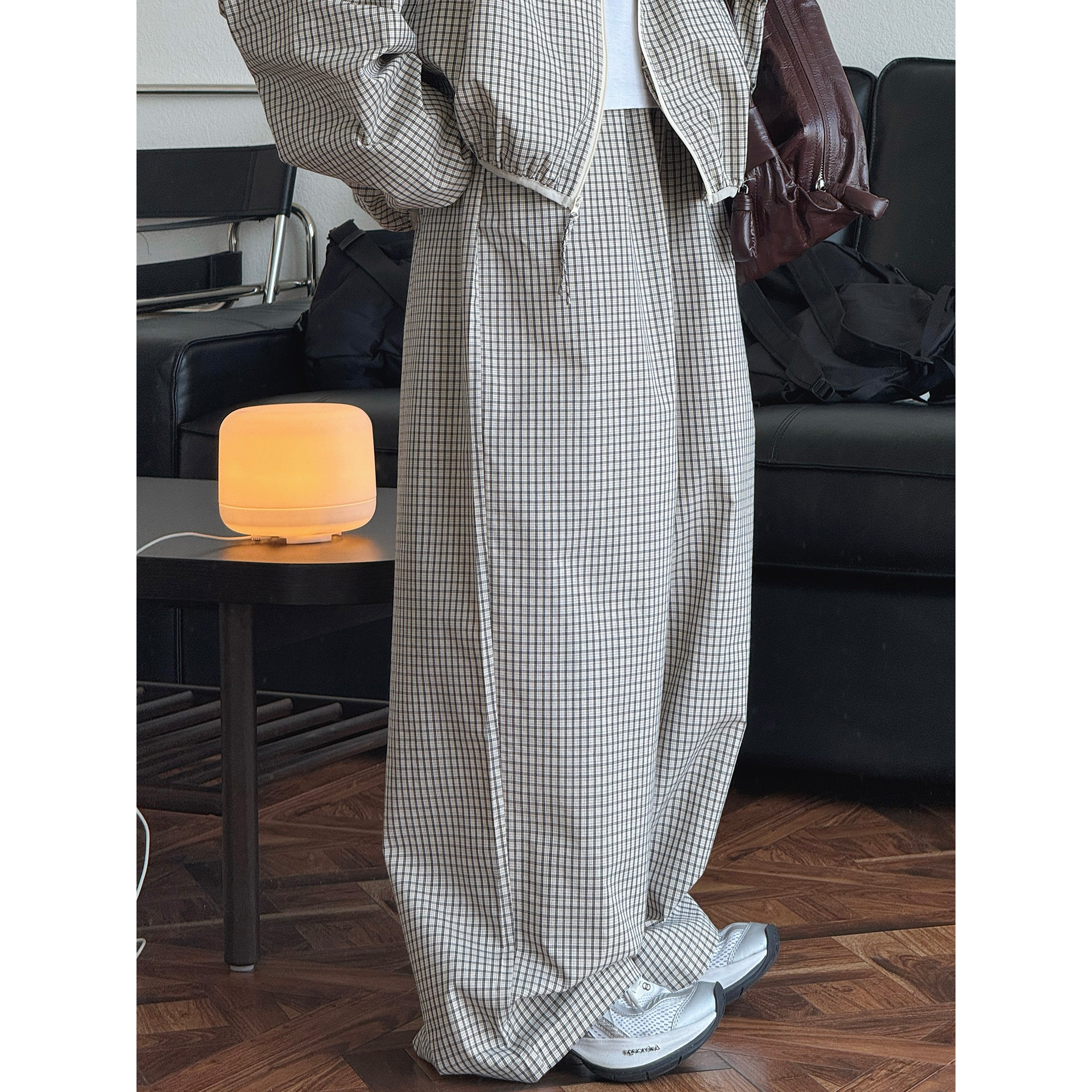 女夏細格紋寬鬆闊腿長褲