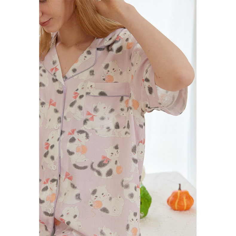 女士竹棉紗萌貓印花短袖短褲睡衣套裝