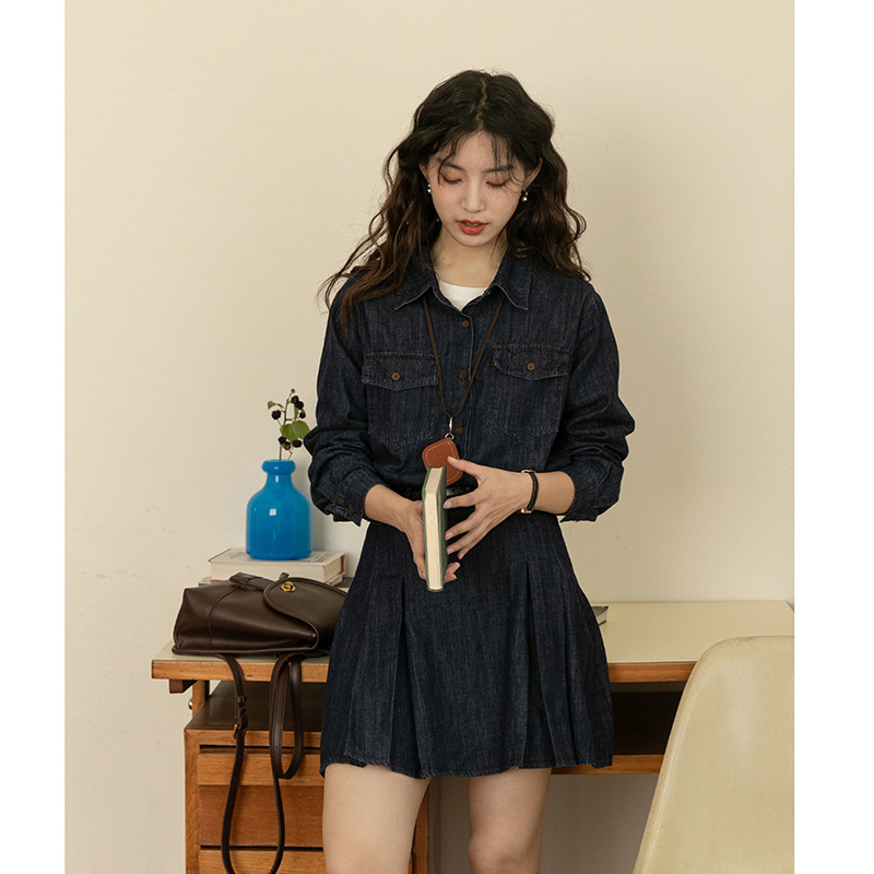 女士春韓系長袖Polo領牛仔襯衫