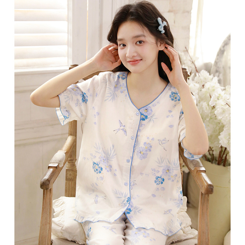 女夏季胸墊款藍花短袖居服套