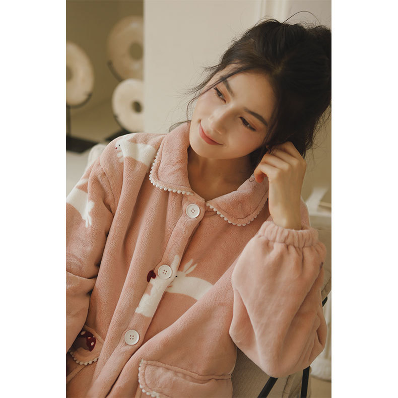 女秋冬加厚羊羔絨粉底白兔印花睡衣