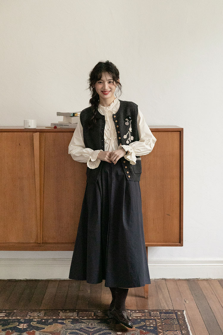 女士秋季法式高腰棉質藏藍色A字半身裙