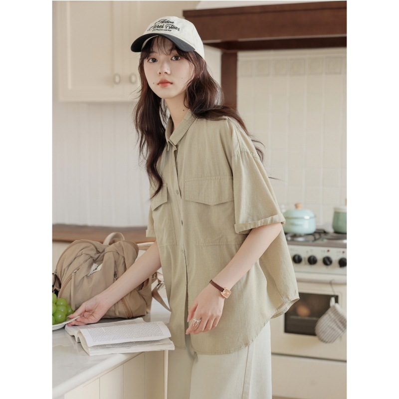 女夏小細方格落肩短袖襯衫
