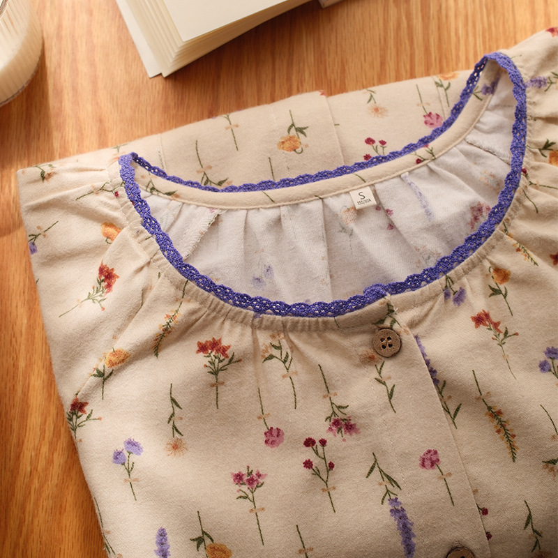 女士秋冬全棉磨毛絨布碎花圓領長袖長褲居家服