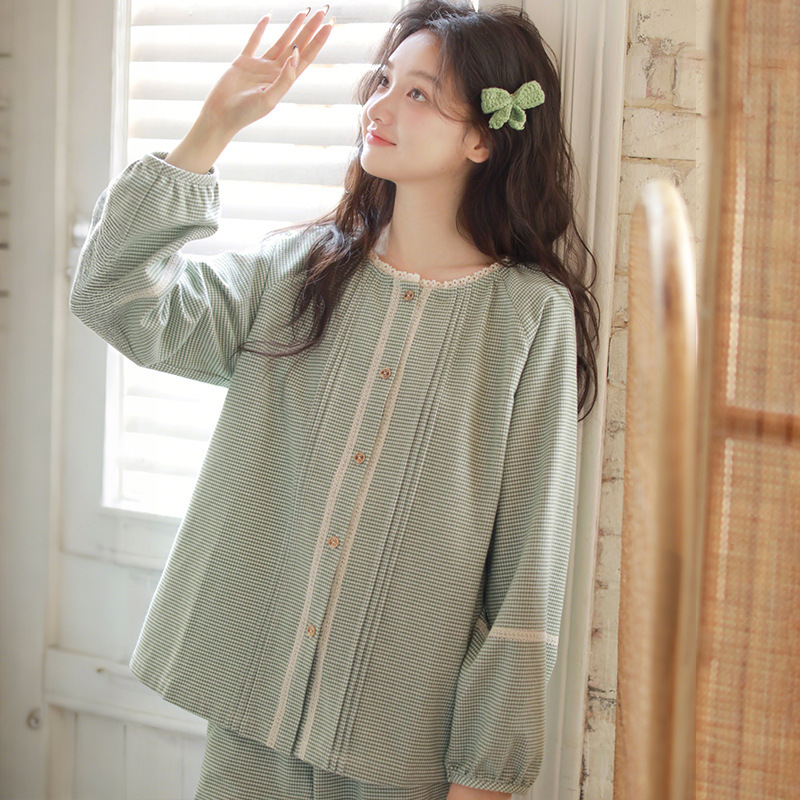 女士秋冬純棉磨毛花邊小圓領長袖長褲家居服