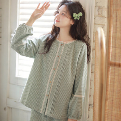 女士秋冬純棉磨毛花邊小圓領長袖長褲家居服