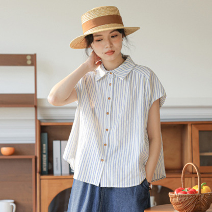 女百搭條紋短袖襯衫