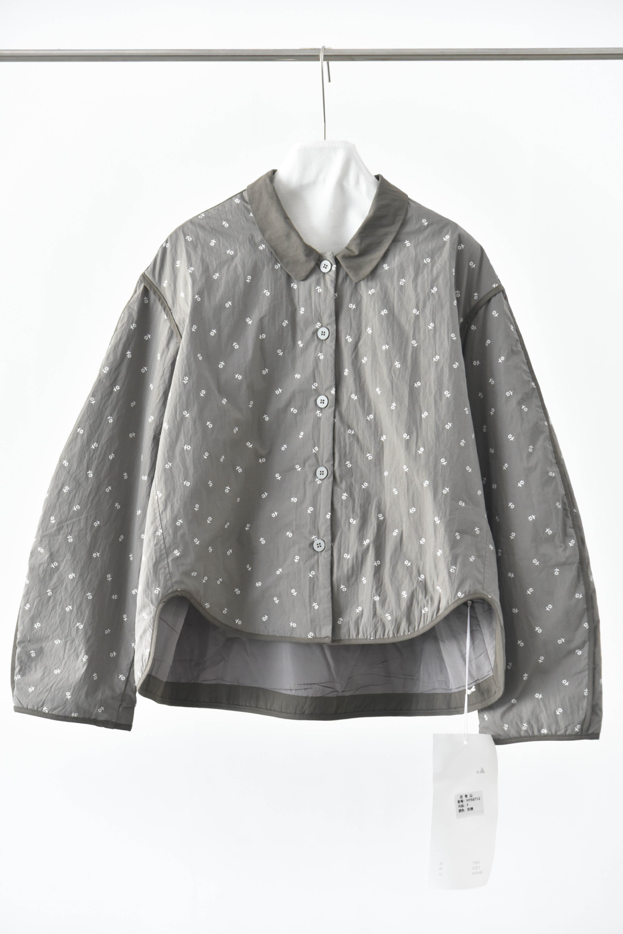 女士冬季文藝小碎花不規則下擺撞色包邊棉服外套