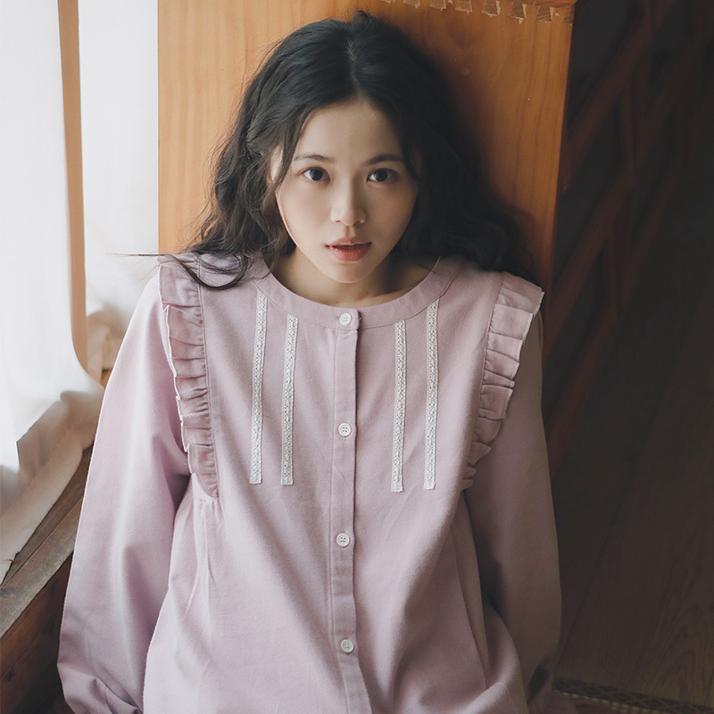 女士秋冬純棉磨毛花邊甜美圓領長袖長褲居家服