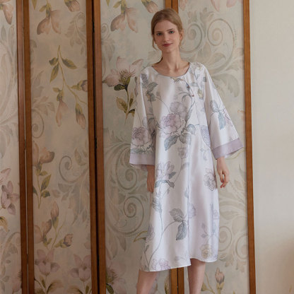 中國風復古斜襟扣天絲印花長袖睡裙