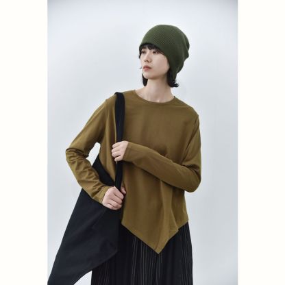 女士早秋純棉下擺尖角圓領打底衫