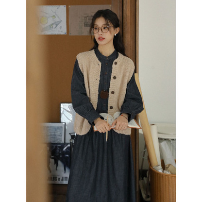 女士秋冬羊咩咩針織毛衣馬甲+長袖牛仔連衣裙