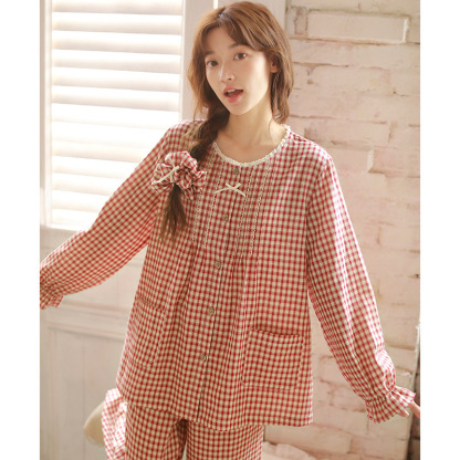 女士秋季純棉紗布格紋圓領長袖長褲居家服