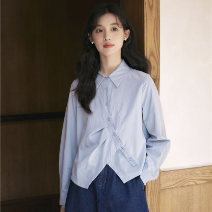 女士秋季不規則設計感短款純色襯衫
