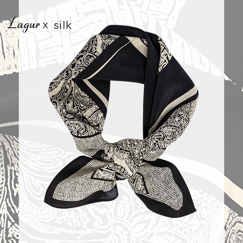 桑蠶絲古典高級感黑白絲巾