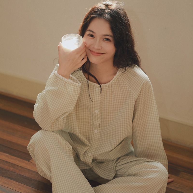女春秋純棉紗布格子居家服