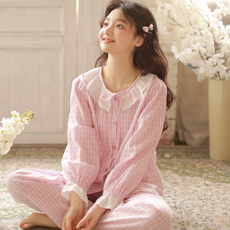 女款棉紗粉藍花邊長袖長褲睡衣套裝