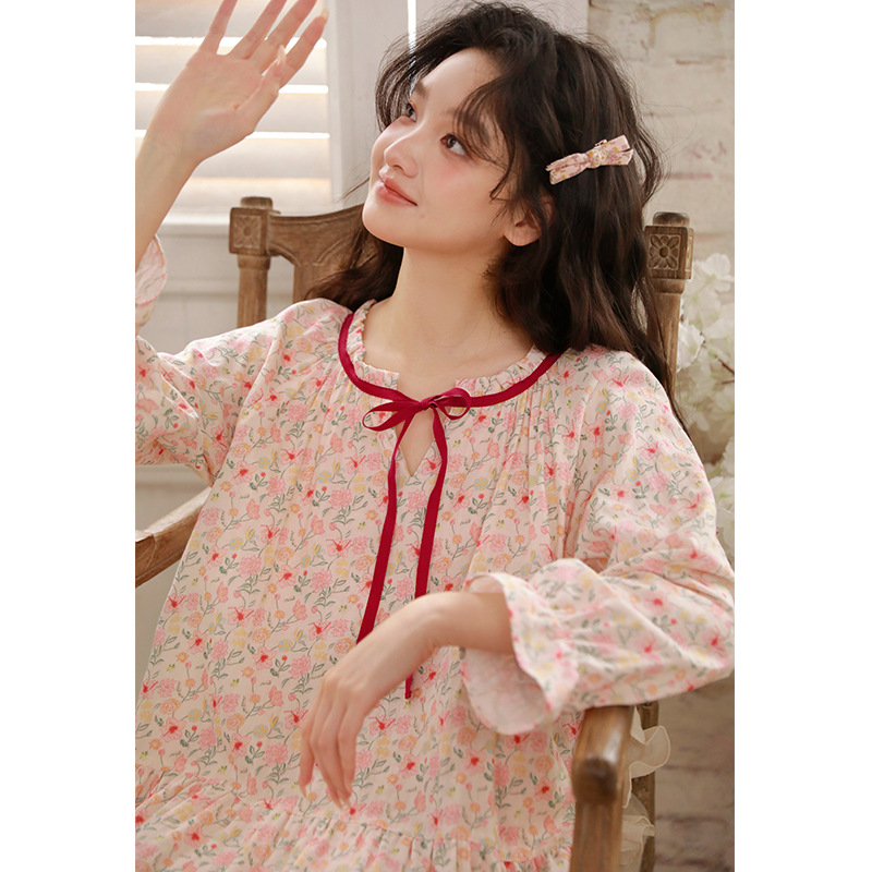 女春九分袖棉紗小碎花睡裙居家服