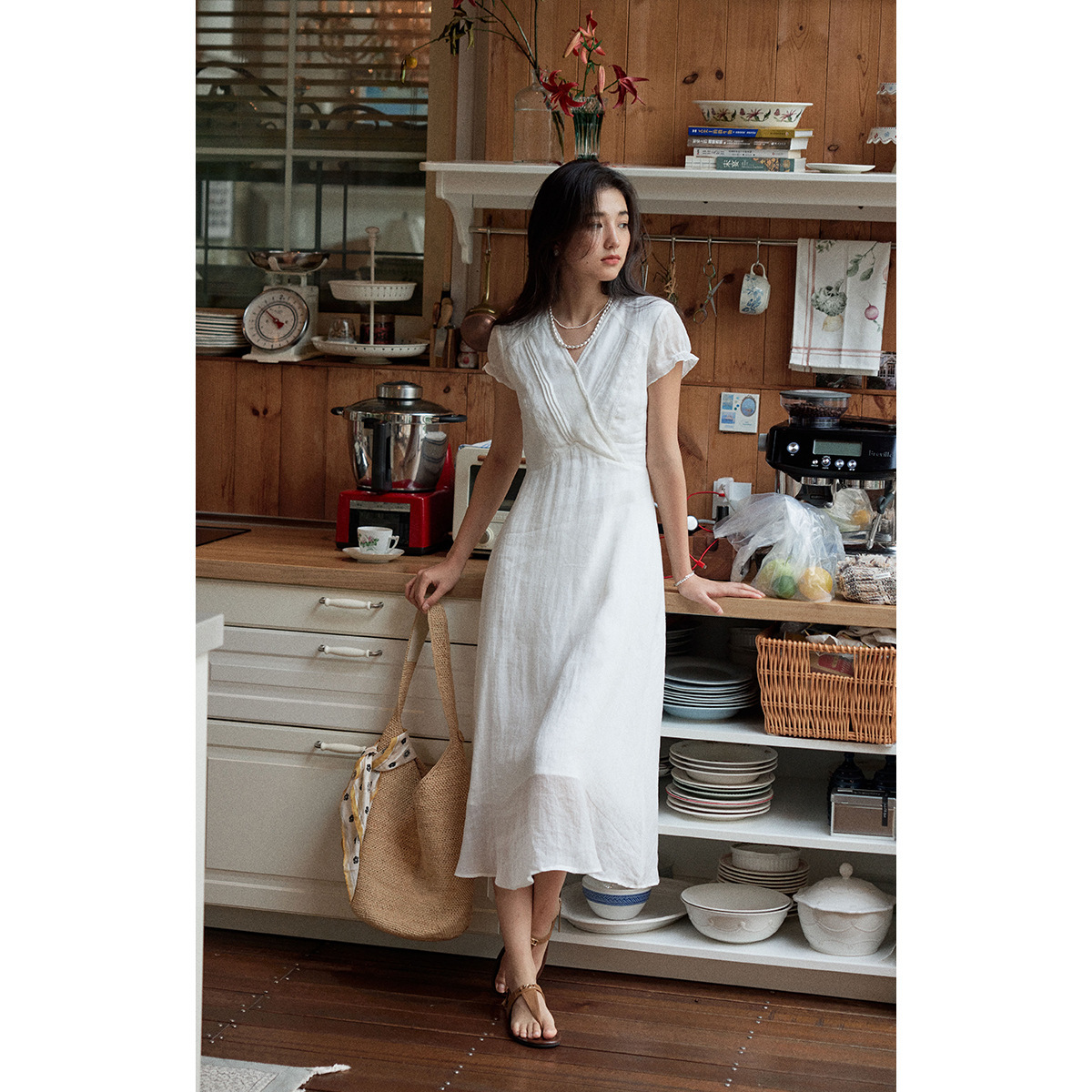 女夏法式苎麻v领短袖连衣裙