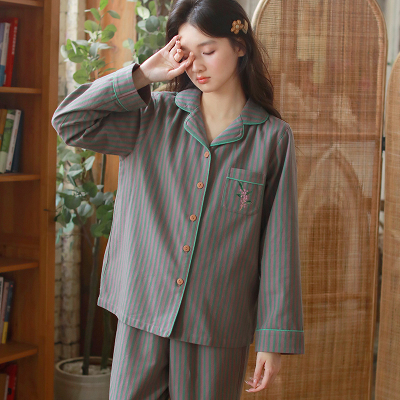 女士春秋純棉磨毛條紋長袖長褲居家服