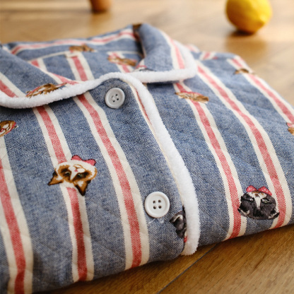 女士秋冬加厚空氣棉貓咪條紋長袖長褲居家服