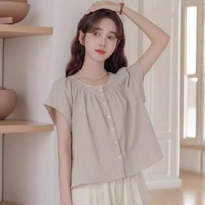 女夏花邊圓領無袖襯衣