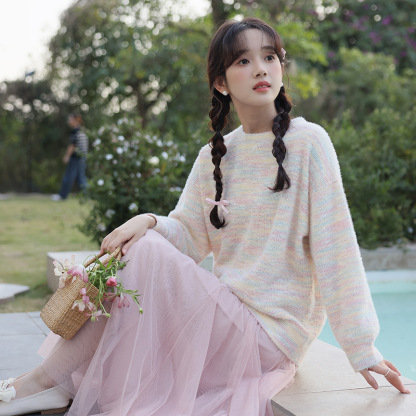 女春彩虹條紋針織上衣