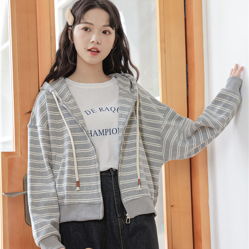 女士秋季慵懶風連帽條紋針織衛衣外套