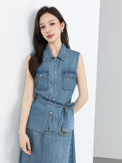 女老錢風牛仔馬甲半裙套裝