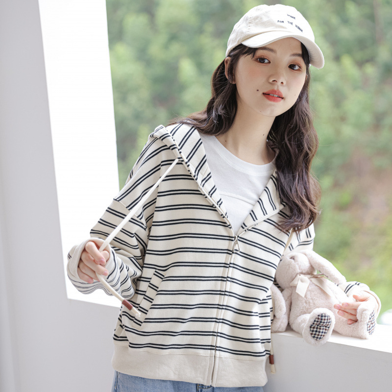 女士秋季慵懶風連帽條紋針織衛衣外套