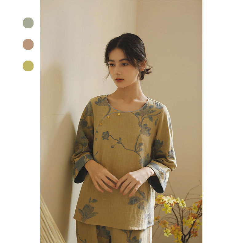 女士古風玉蘭花印花長袖圓領居家服套裝