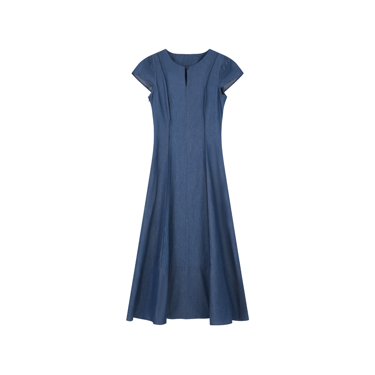 女夏一粒扣圓領收腰連衣裙