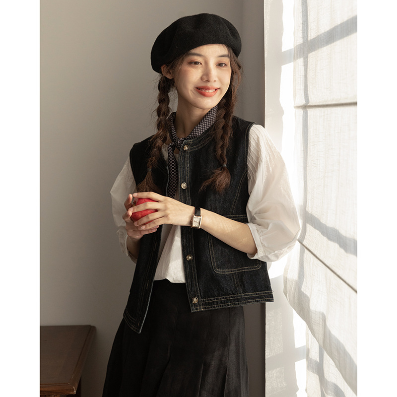 女士春秋短款明線設計牛仔馬甲