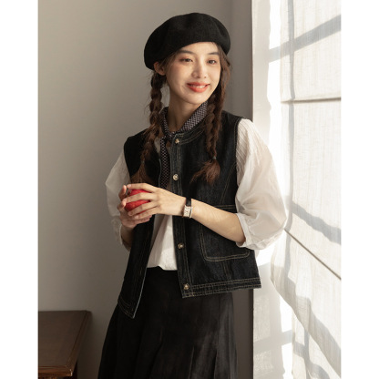 女士春秋短款明線設計牛仔馬甲