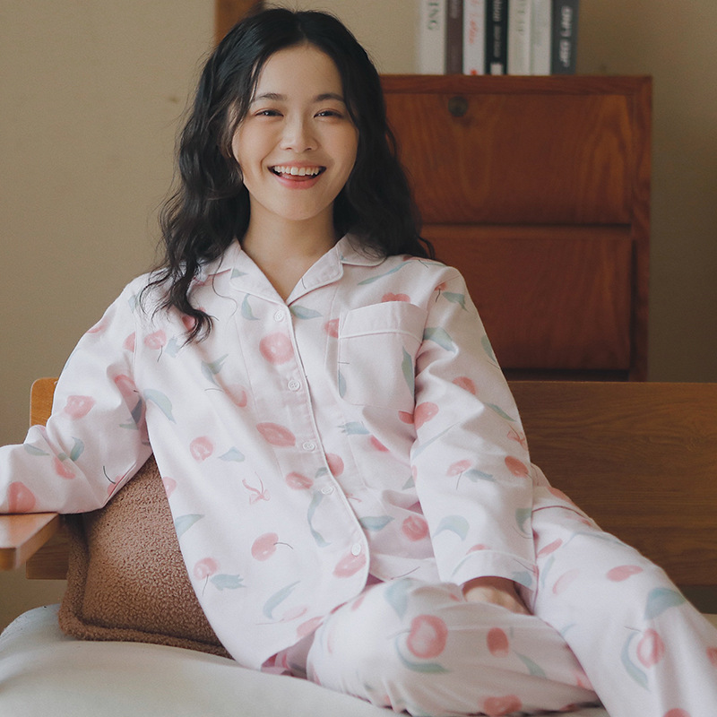 女士春秋冬純棉磨毛甜桃翻領長袖長褲居家服