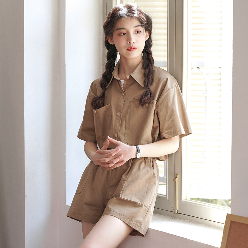 女工裝短袖休閒襯衣+短褲