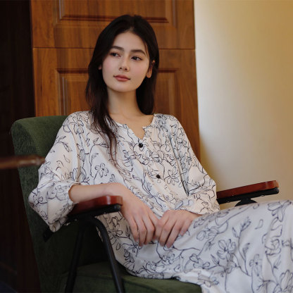 女式春款人棉貢緞森系墨色印花開衫睡裙