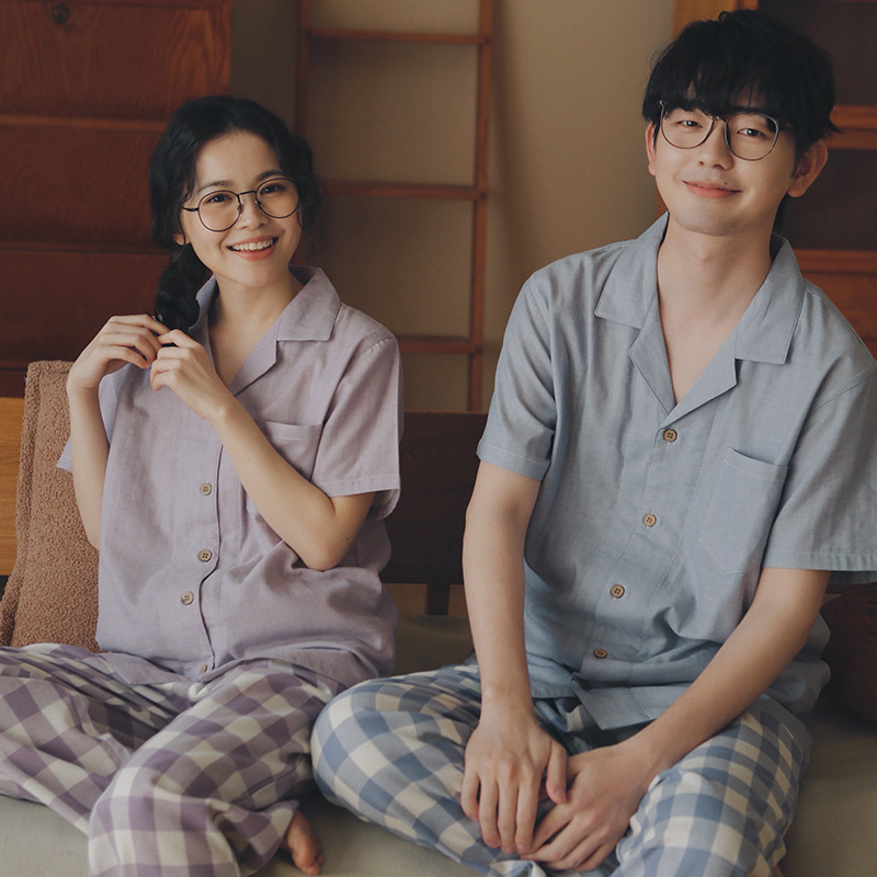 男款情侶款男士夏天純棉紗布藍格睡衣