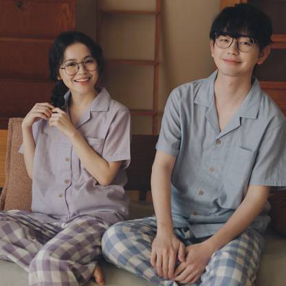 男款情侶款男士夏天純棉紗布藍格睡衣