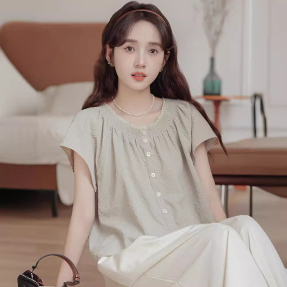 女夏花邊圓領無袖襯衣