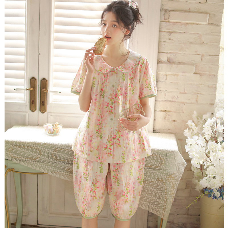 女款夏季娃娃領粉色短袖中褲家居服