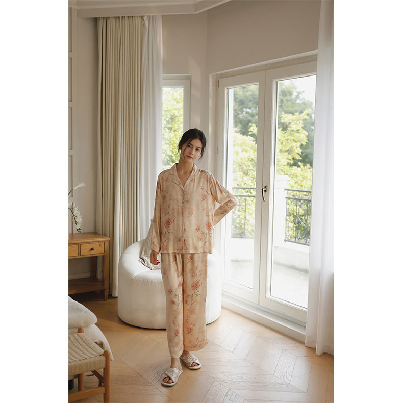 女士人棉貢緞愛麗絲玫瑰印花睡衣