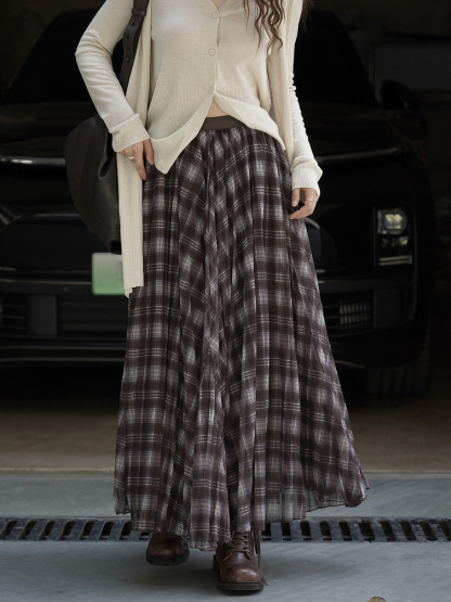 女士秋季法式格子大擺半身裙