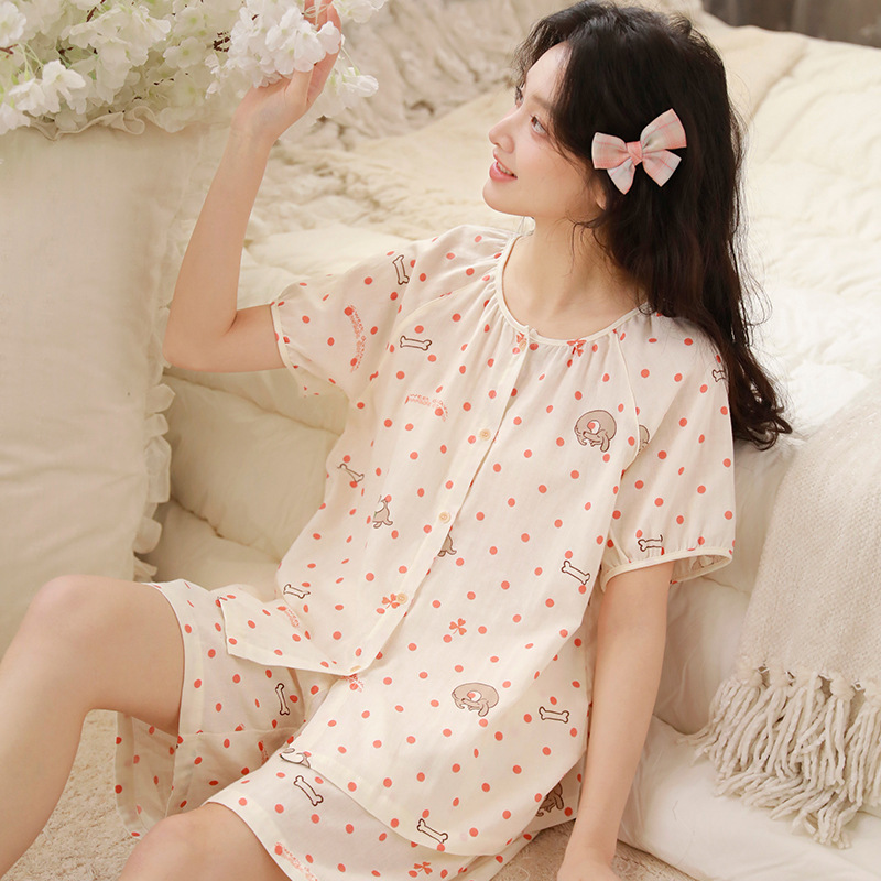 夏纯棉棉纱骨頭短袖短褲家居服